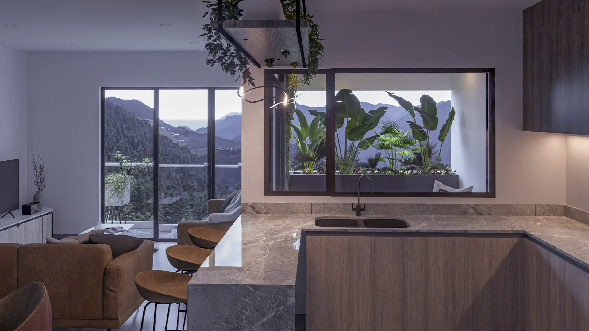 Modern kitchen with marble island, indoor plants, and large window showing mountain view.