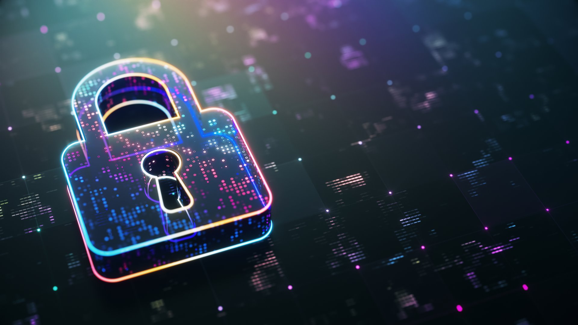 Digital Security concept. Lock icon on modern futuristic technology background. 3d Rendering.