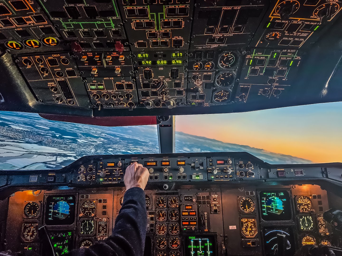 Inside the flight deck of a commercial airplane
