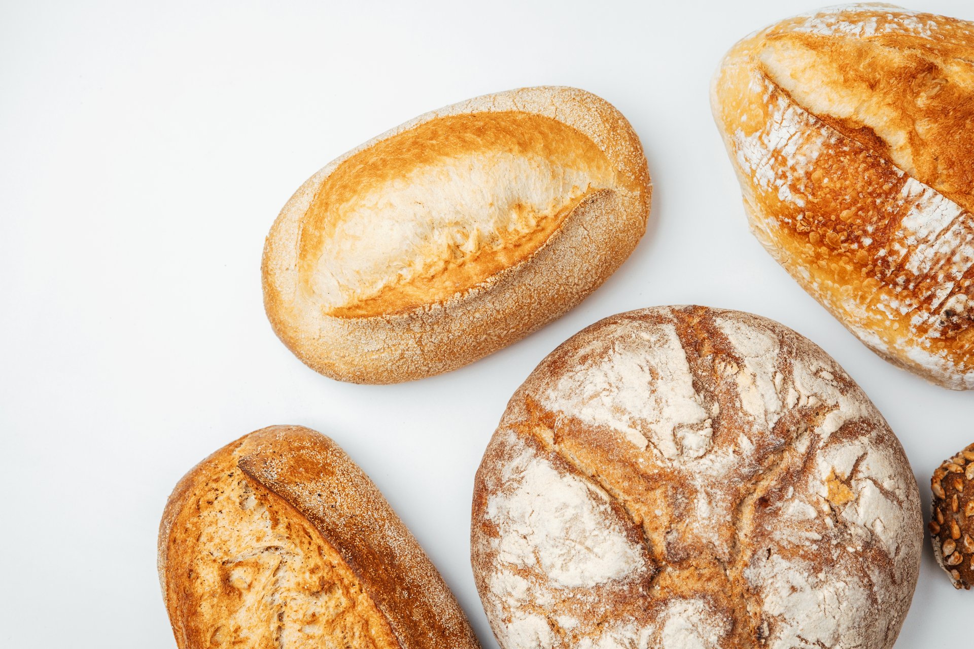 Freshly baked artisan bread loaves in various shapes and textures displayed together.