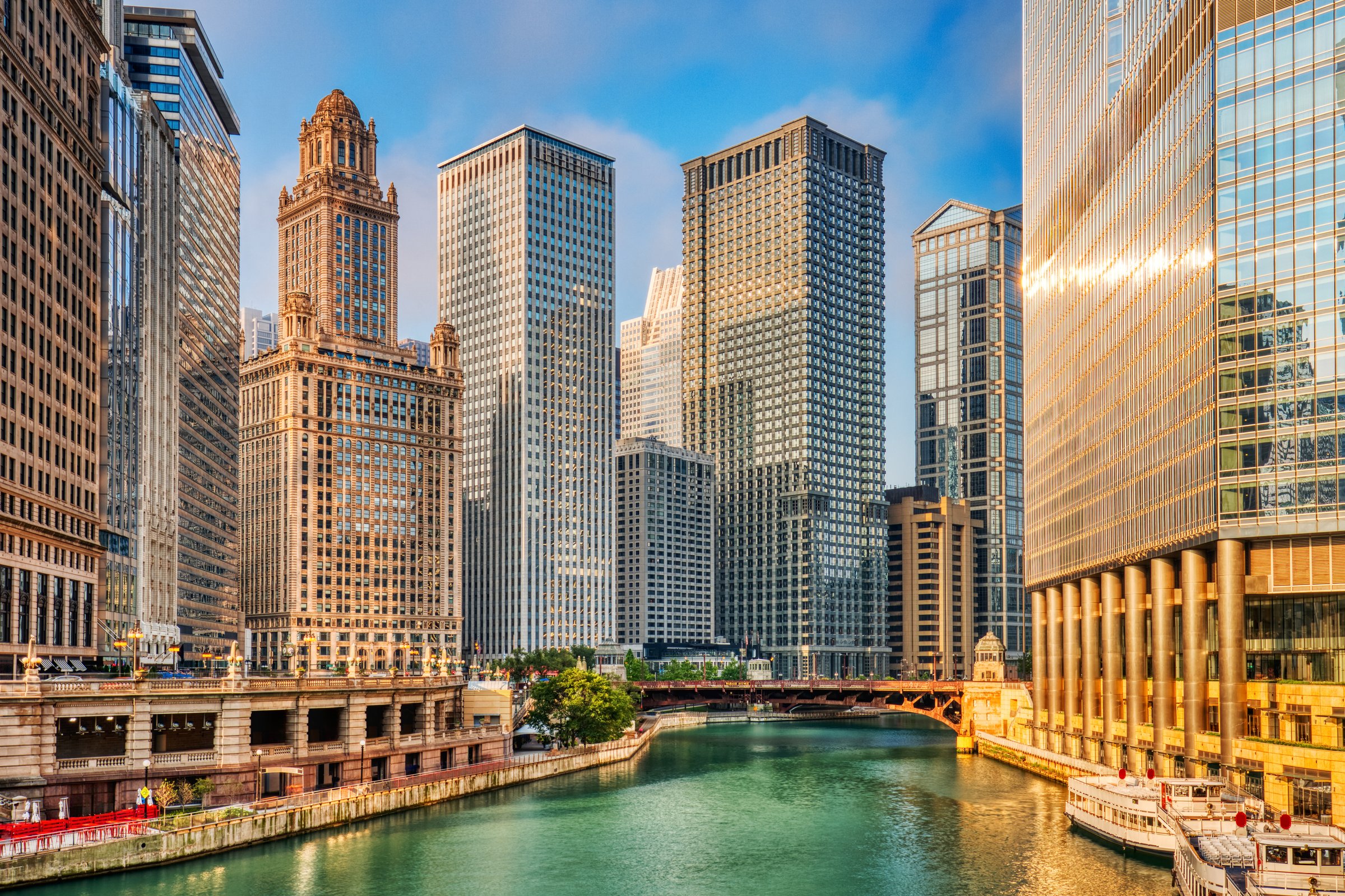 Chicago Downtown Cityscape with Chicago River at Sunrise, Illinois