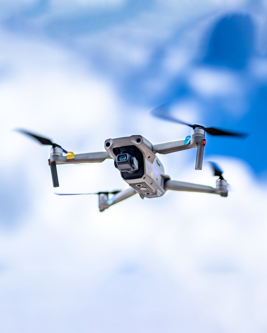 Bengaluru, India – October 05, 2021: The DJI Mavic Air 2 captured in a flight