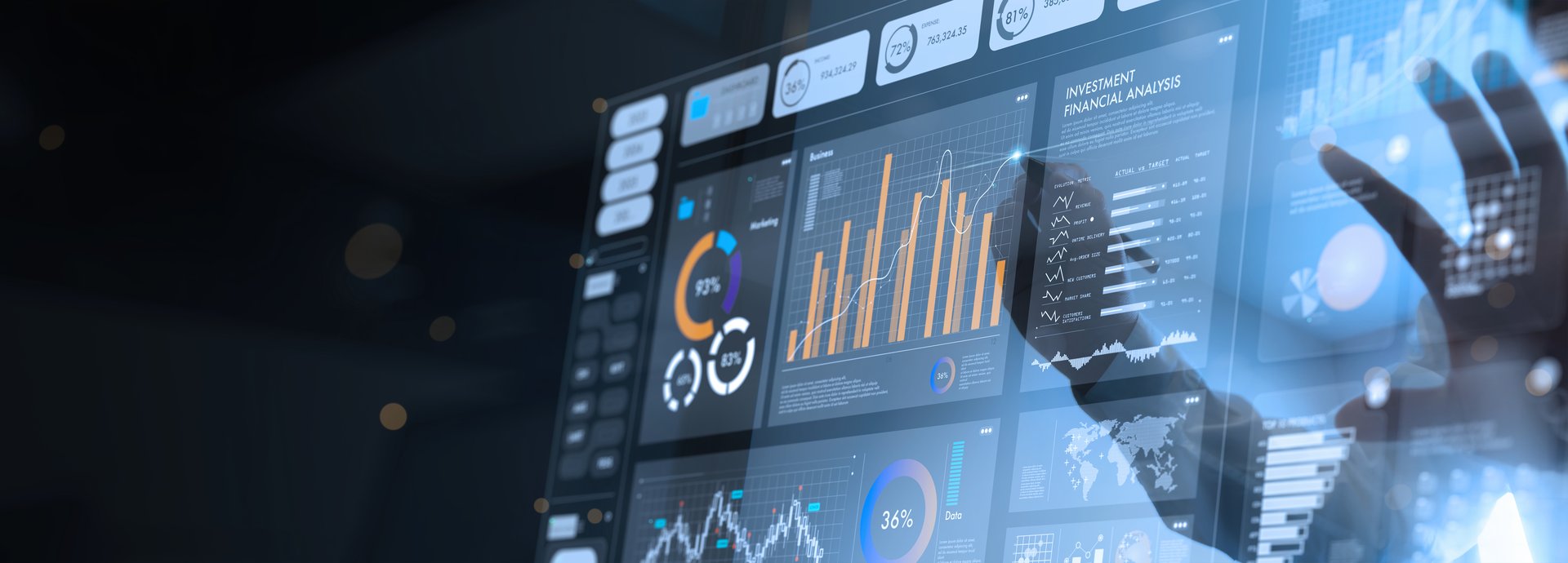 Analyst working on business Ai analytics dashboard with KPI, charts and metrics to analyze data and create insight reports for executives and strategical decisions. Operations and performance management.