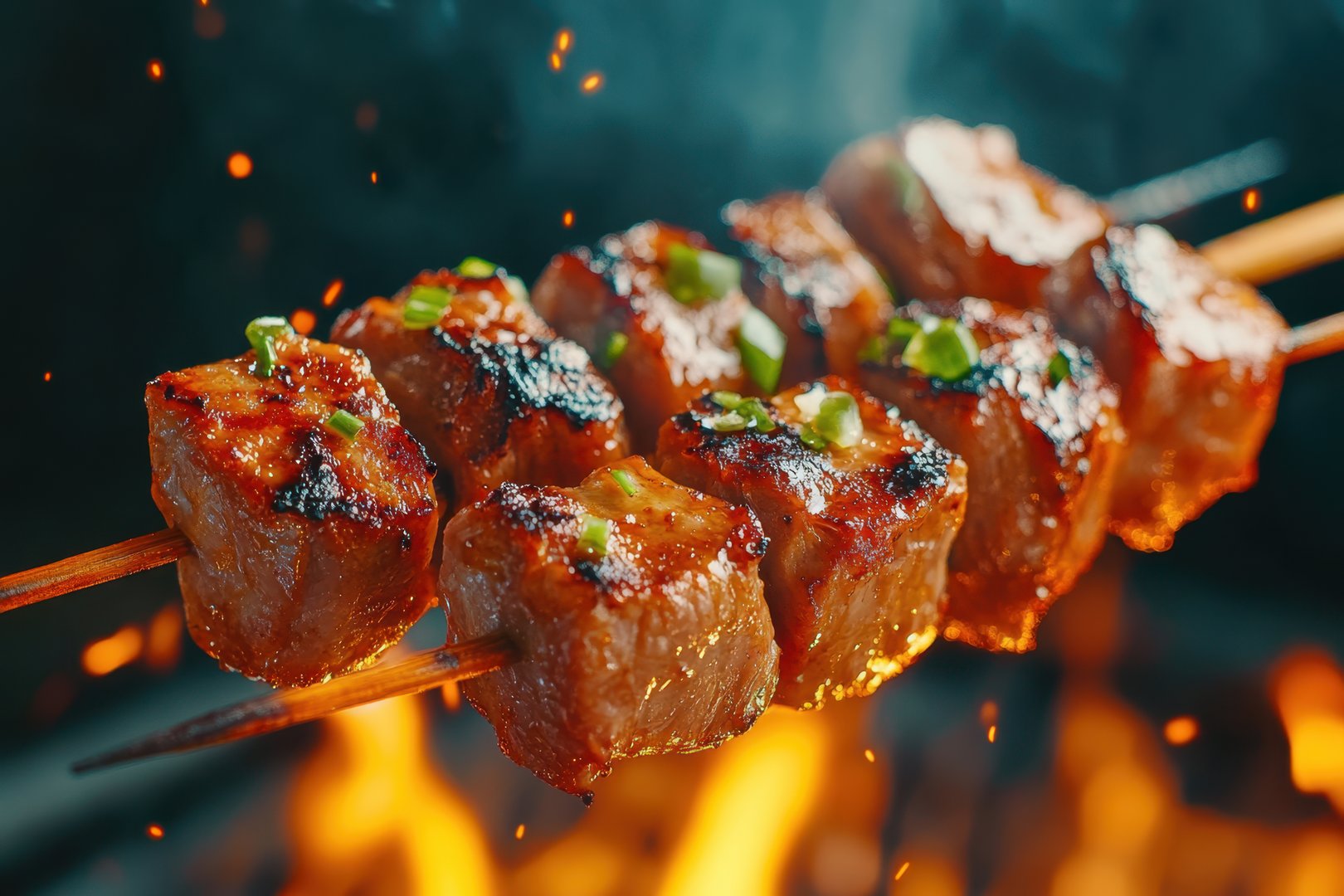 Close-up view of grilled pork skewers perfectly cooked over a charcoal fire, showcasing the juicy meat, smoky flavor, and vibrant herbs for a mouthwatering dish.