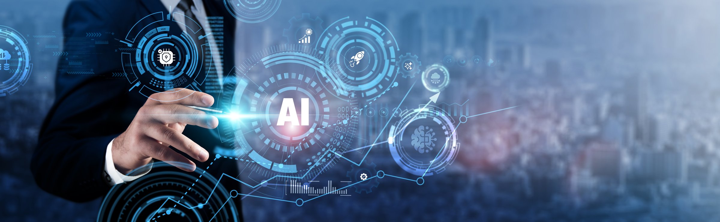 AI (Artificial Intelligence): Businessman analyzing technological data and machine learning, automation, predictive analytics, neural networks, cognitive computing, and intelligent systems.
