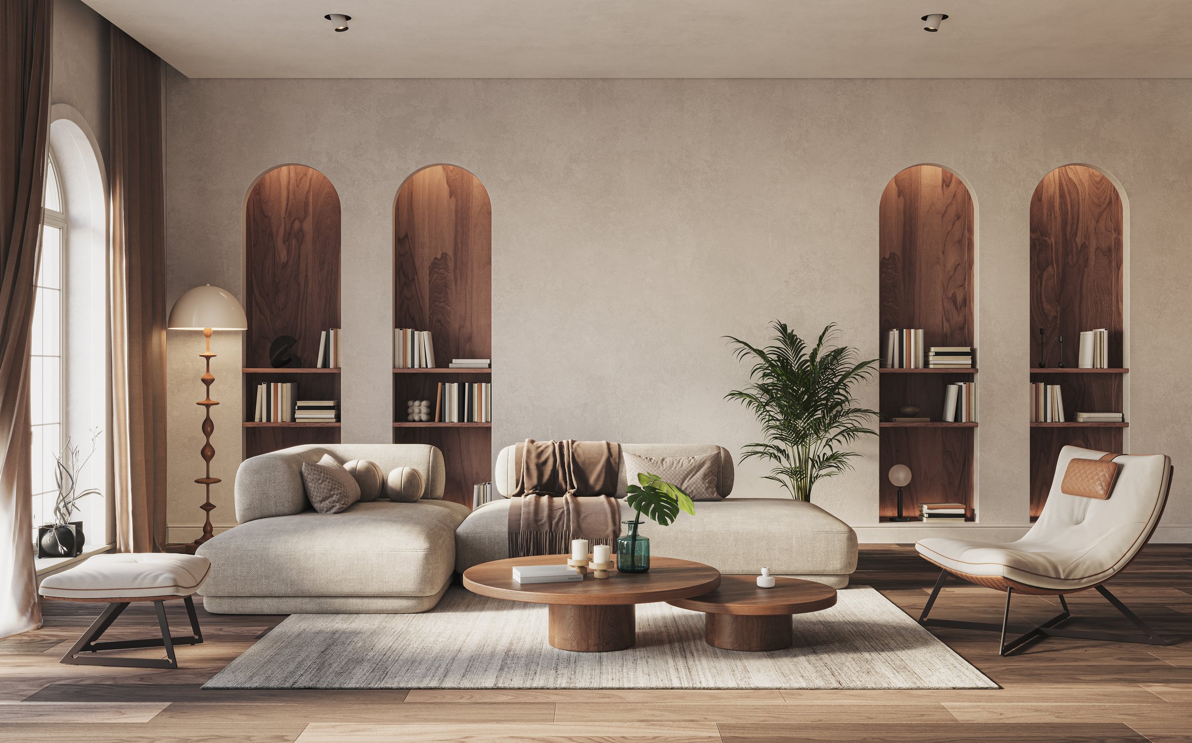 Contemporary living room interior featuring neutral beige palette, built-in arched shelves, and minimalist furniture design