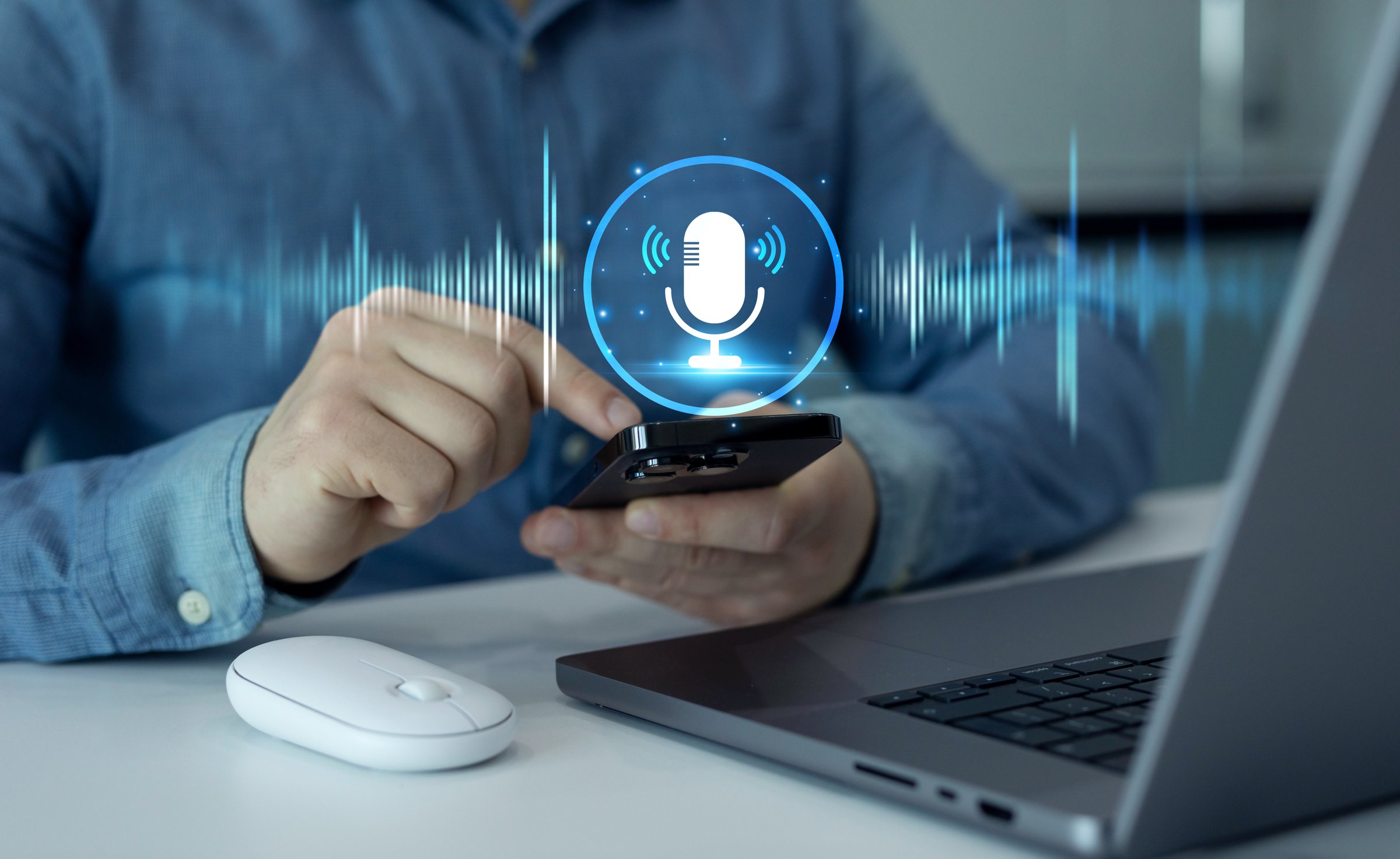 Voice recording and voice search concept.Sound recording or voice search with ai, speaker, music, voice message,assistance and marketing.Person using smartphone with virtual microphone