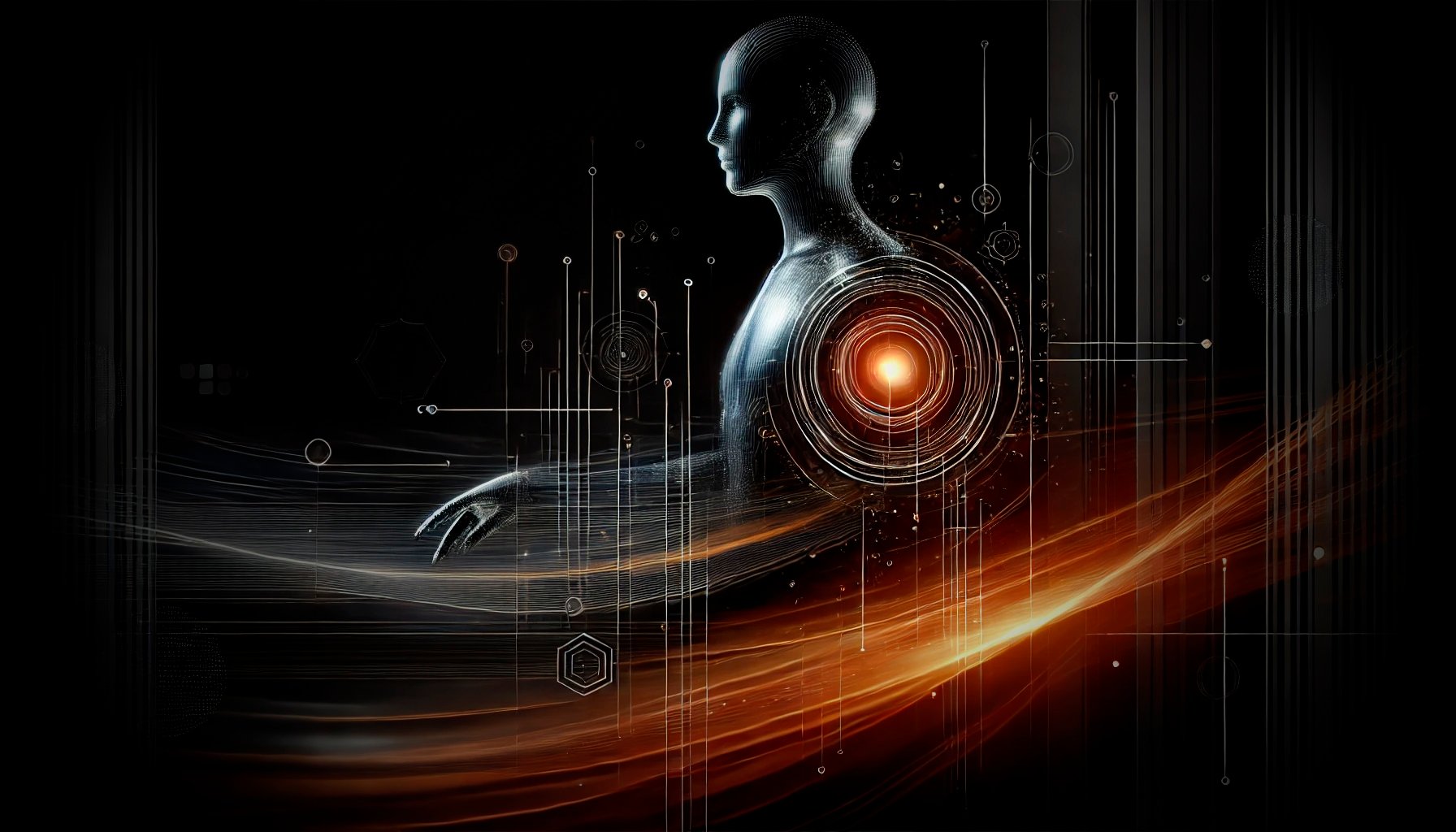 Futuristic humanoid figure with glowing circular core, surrounded by dark abstract digital elements and orange light streaks.