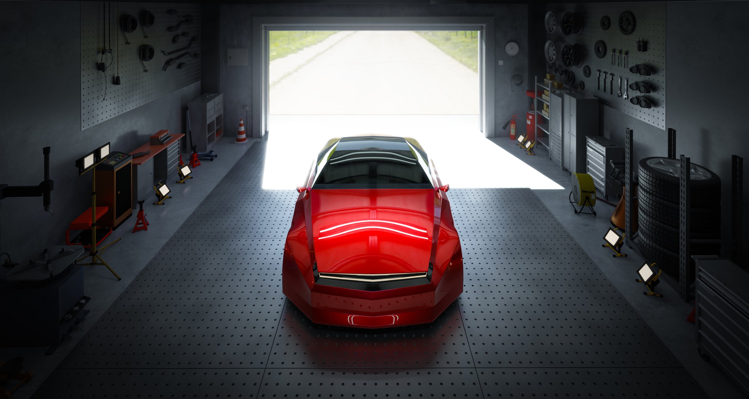 Red sports car parked inside a garage, ready for maintenance, repair, or customization. 3D rendering