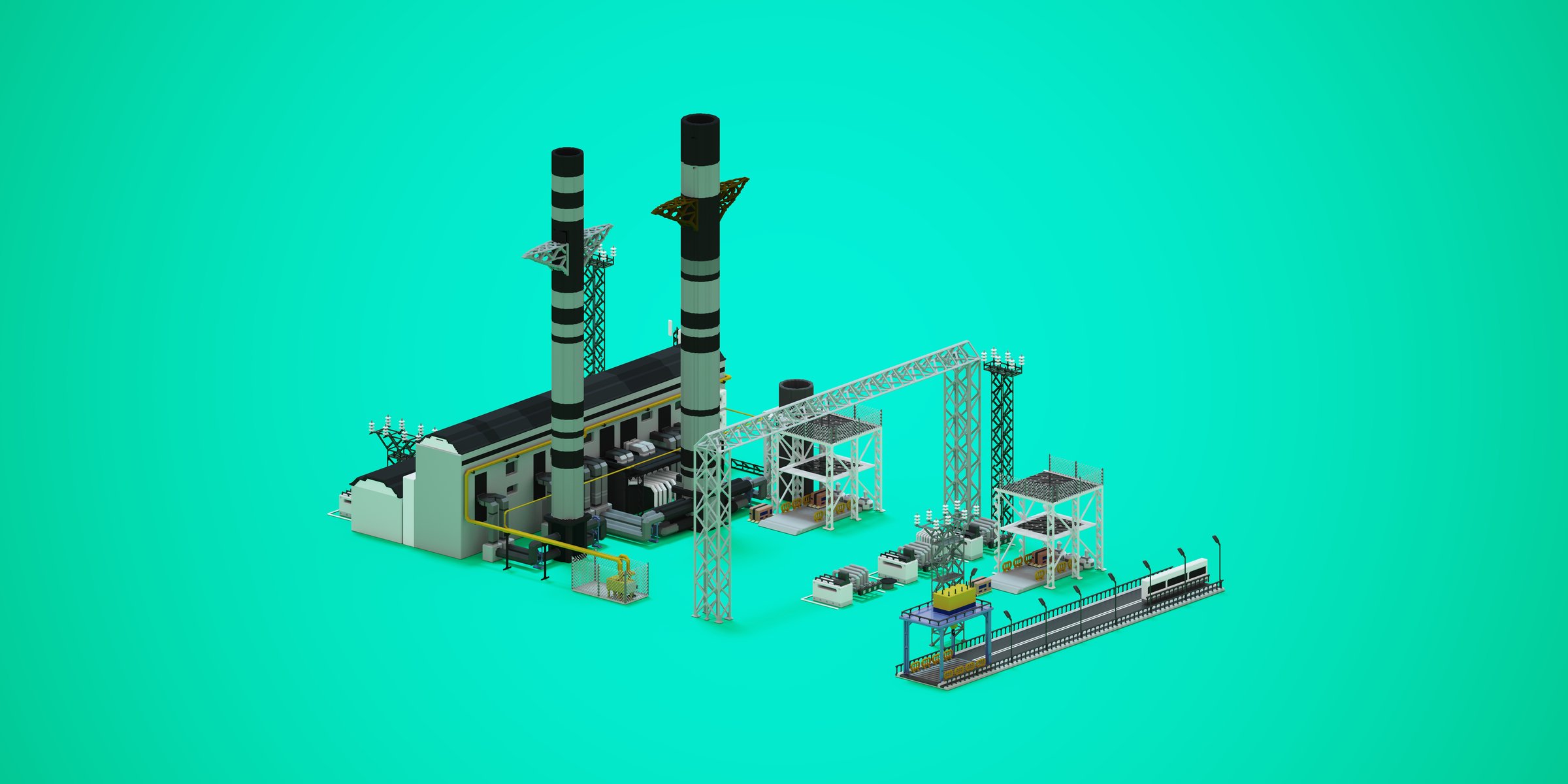 A TPP, or thermal power station, stands against an isolated backdrop, symbolizing the robust generation of electric energy. This simple 3D rendered illustration captures the essence of electricity production, an ideal representation for critical infrastructure projects.