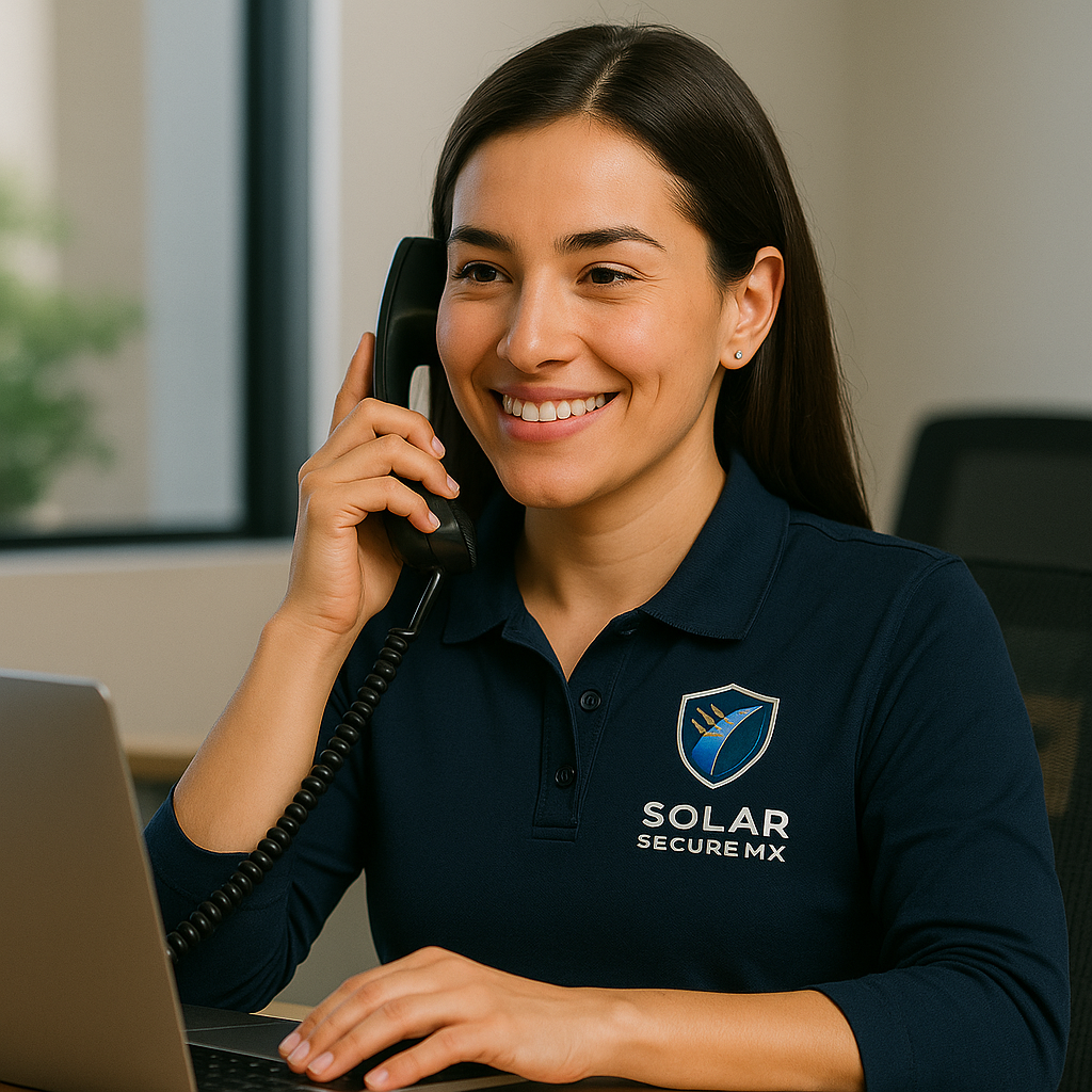 Woman in a branded polo shirt talking on a phone while using a laptop, smiling, in an office setting.
