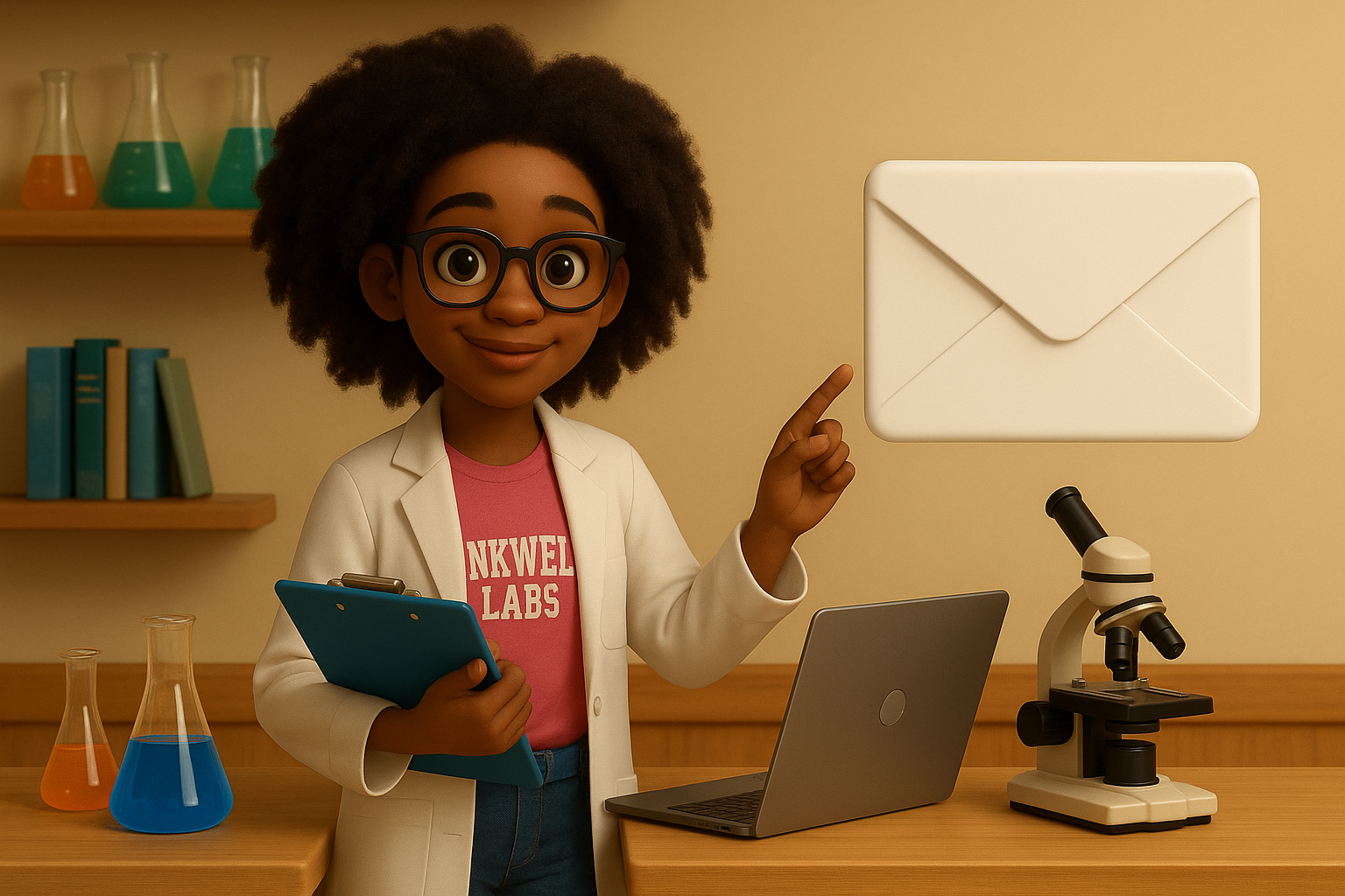 Inkwell Academy staff member smiling while assisting a customer at a modern reception desk with educational materials displayed in the background