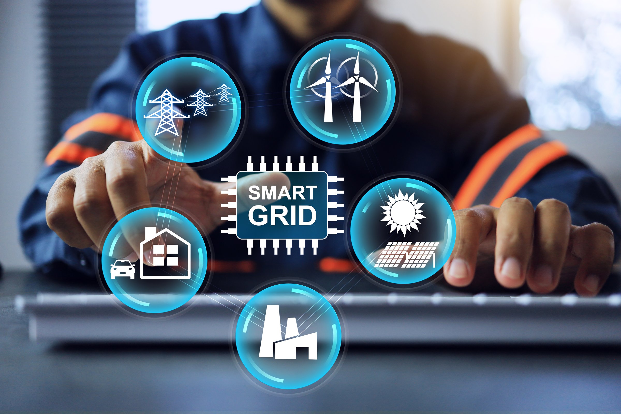 Smart grid concept with engineer pointing on power distributor icon connection between electric power plants to communicate and calculate the load of electricity