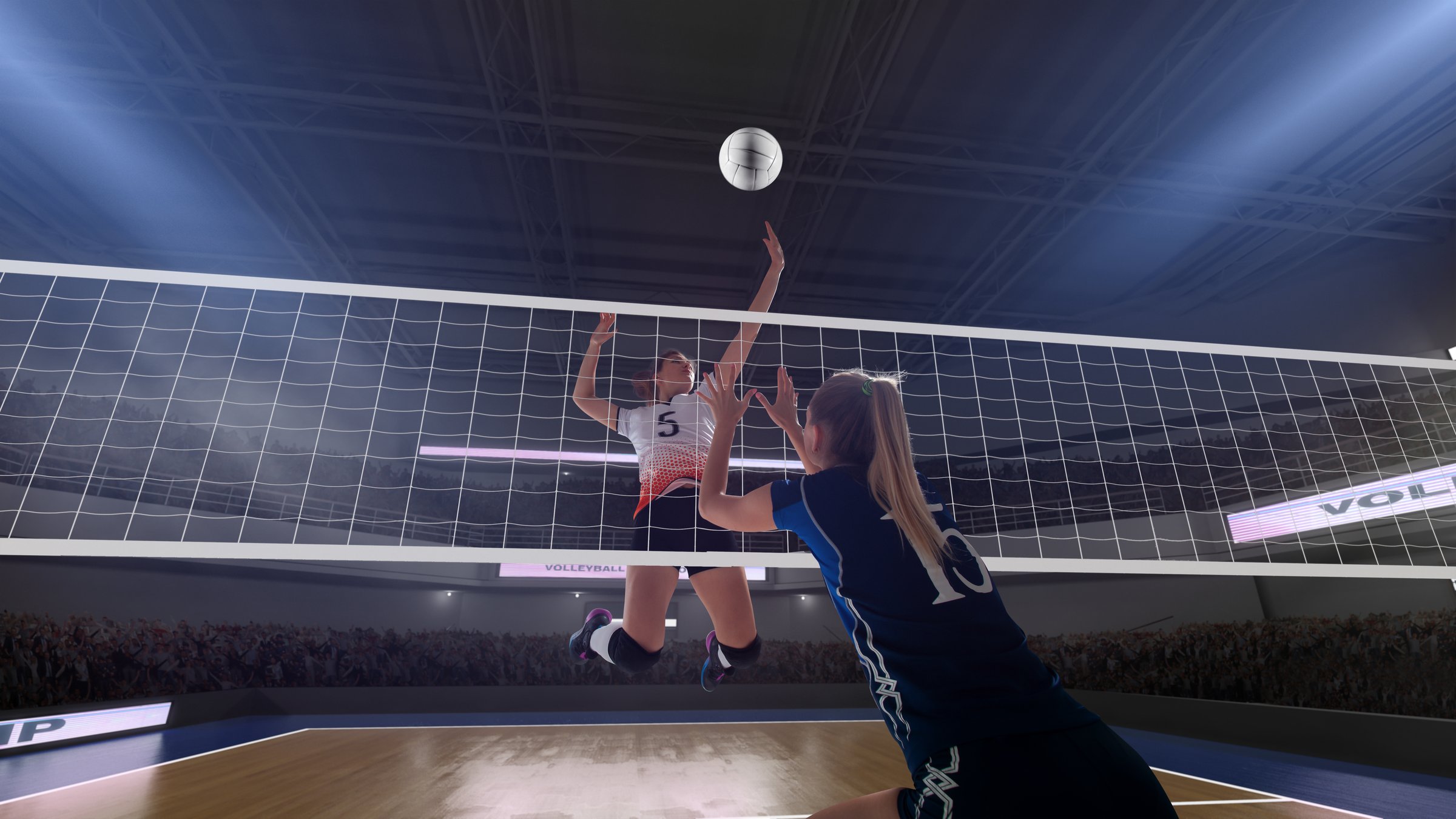 Female professional volleyball players in action on 3d stadium.