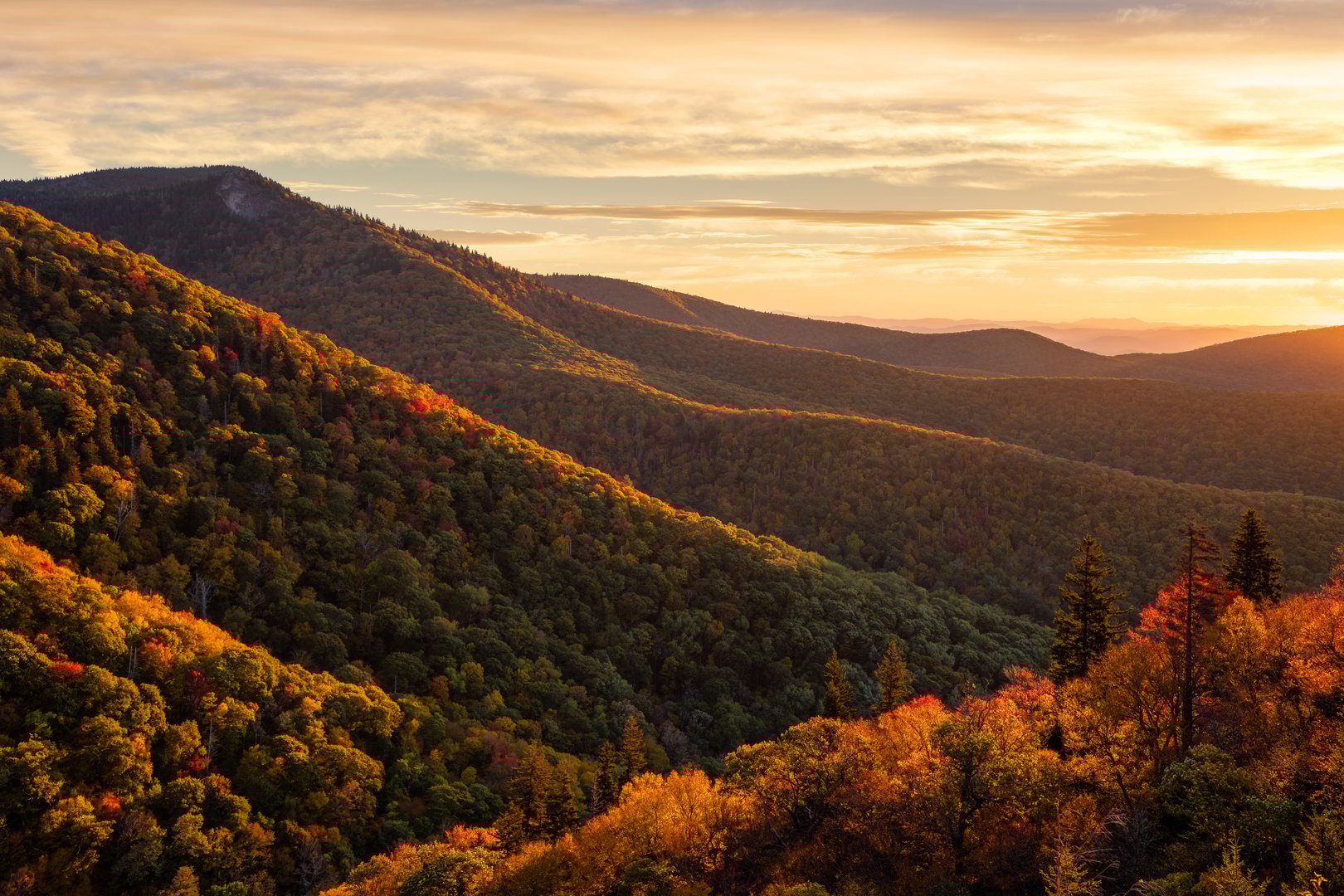 Sunrise over layers of ridges of the Blue Ridge Mountains. Taken along the Blue Ridge Parkway in North Carolina