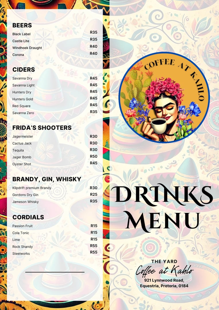 Coffee at Kahlo Drinks Menu Front & Back