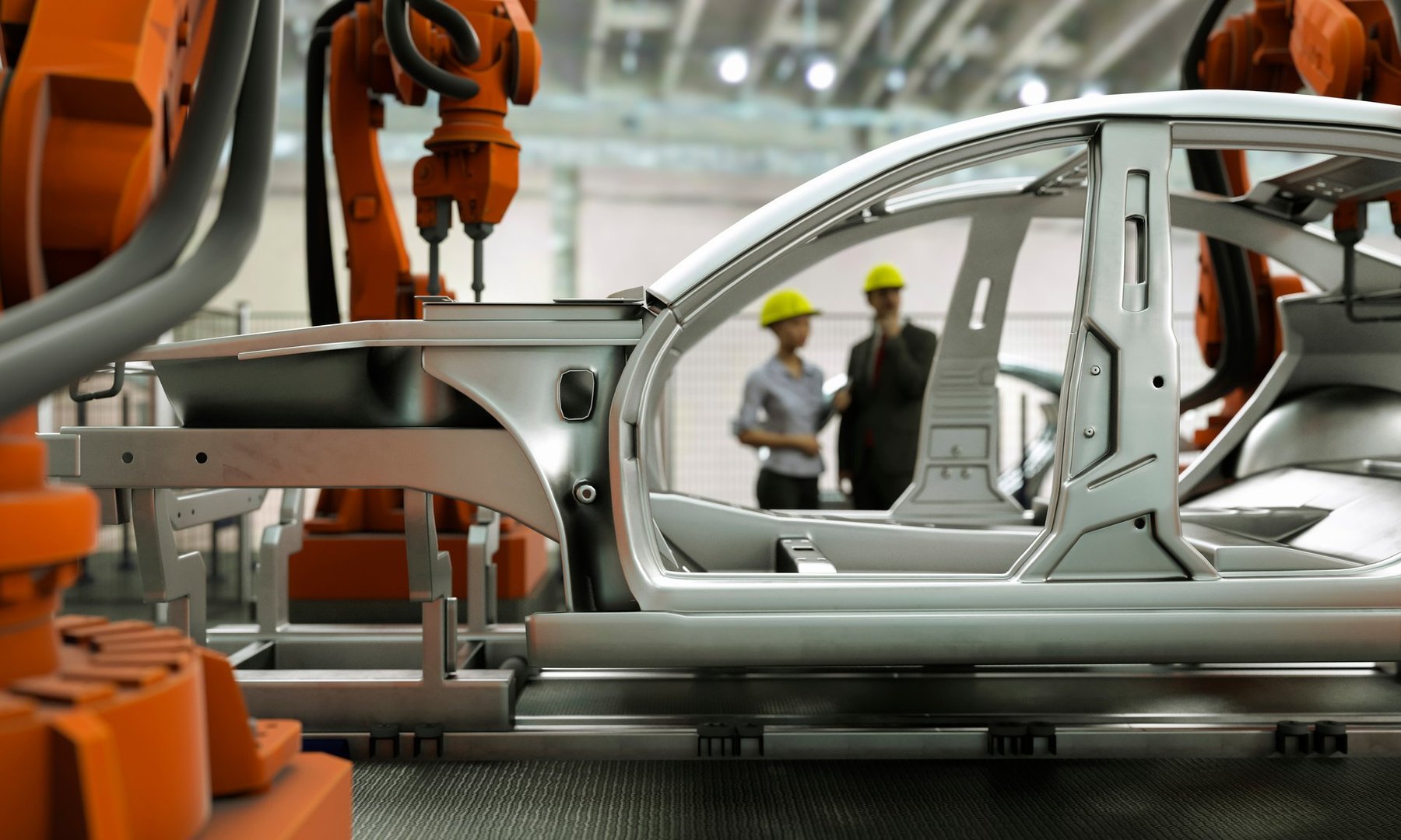 Modern car production line with robotic arms welding components 3d render
