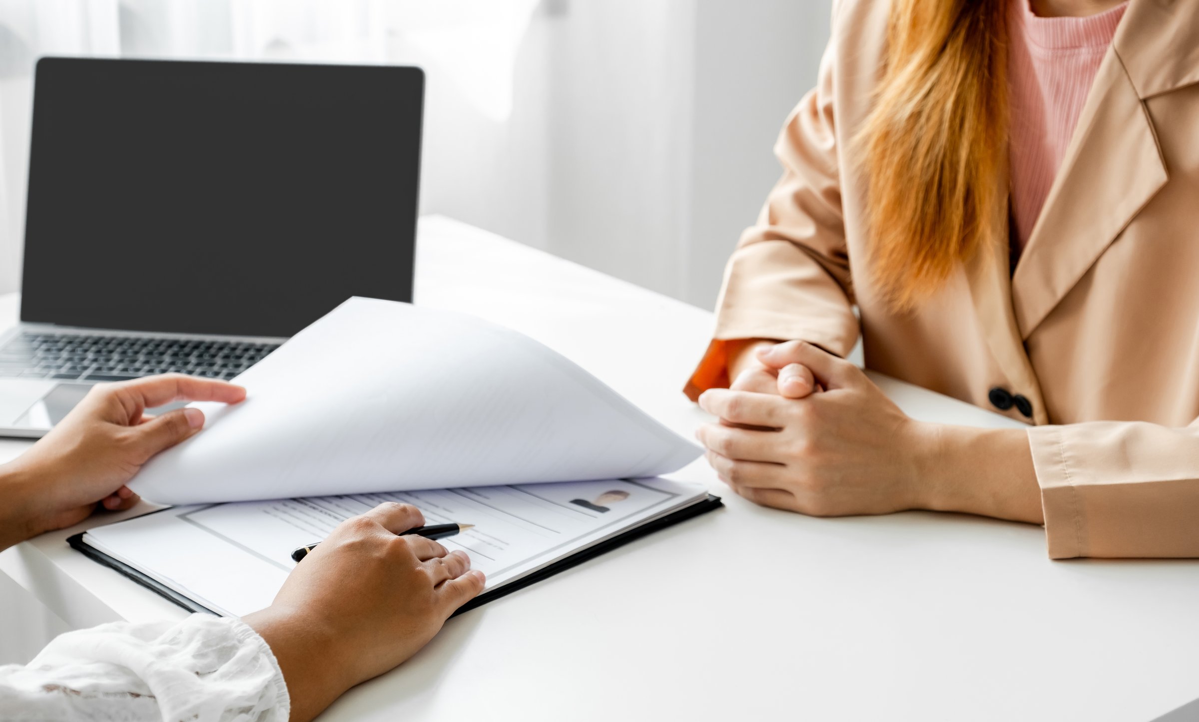 Business office executives interview job applicants employee in the meeting room.
