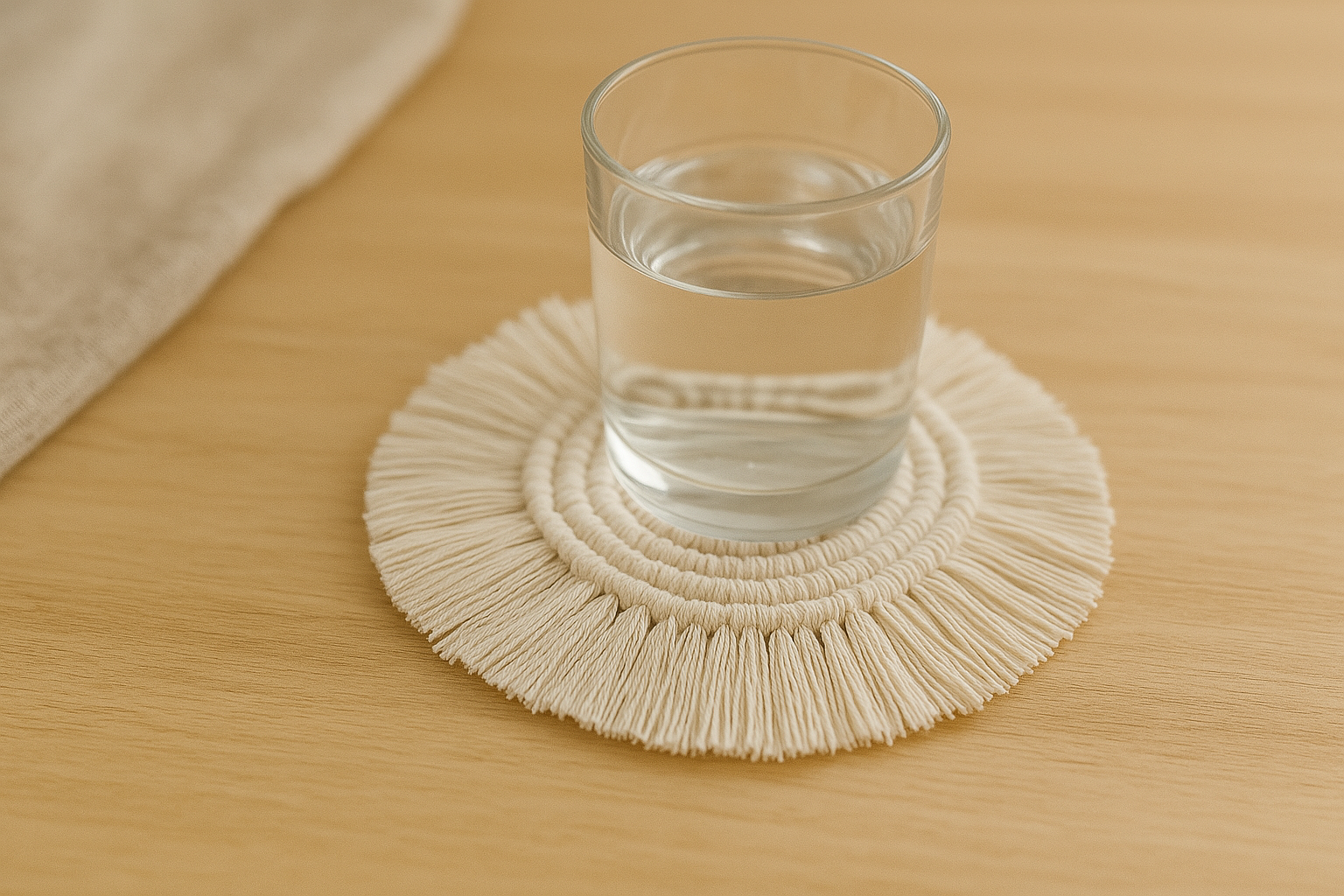 A glass of water on a woven, circular coaster with fringe edges, placed on a wooden surface.