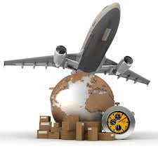 An airplane flying over a globe, surrounded by cardboard boxes and a stopwatch, symbolizing fast global shipping.