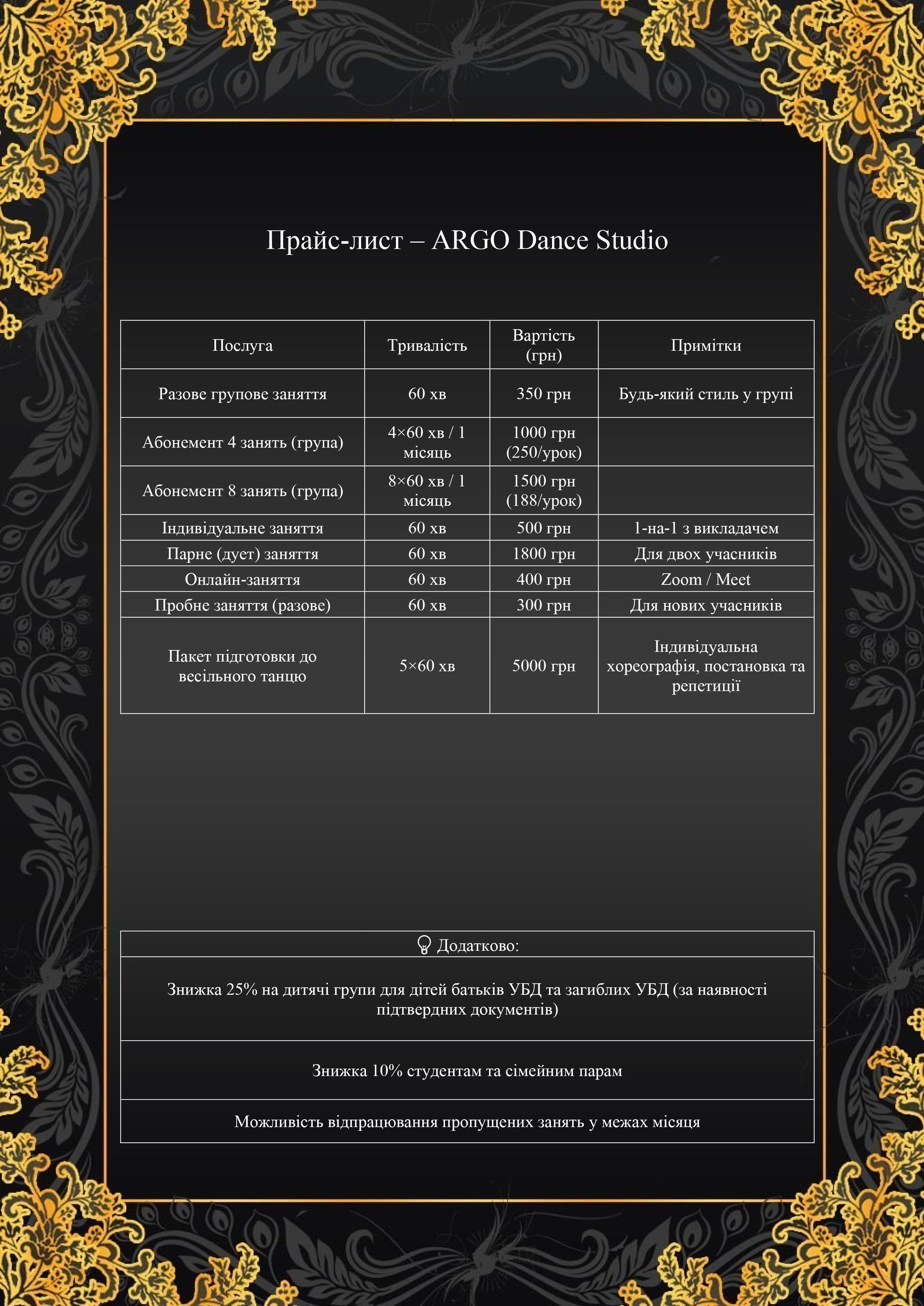 Прейскурант ARGO Dance Studio