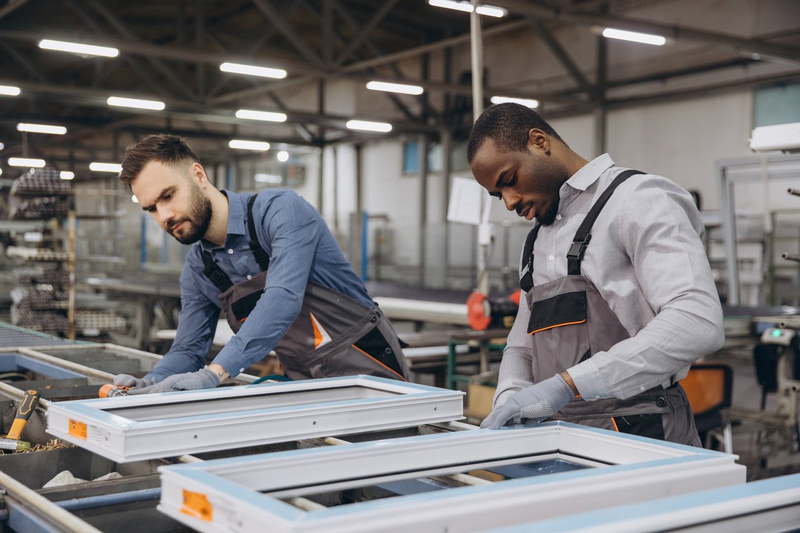 Two factory workers assembling aluminum and PVC window frames in a modern window manufacturing plant