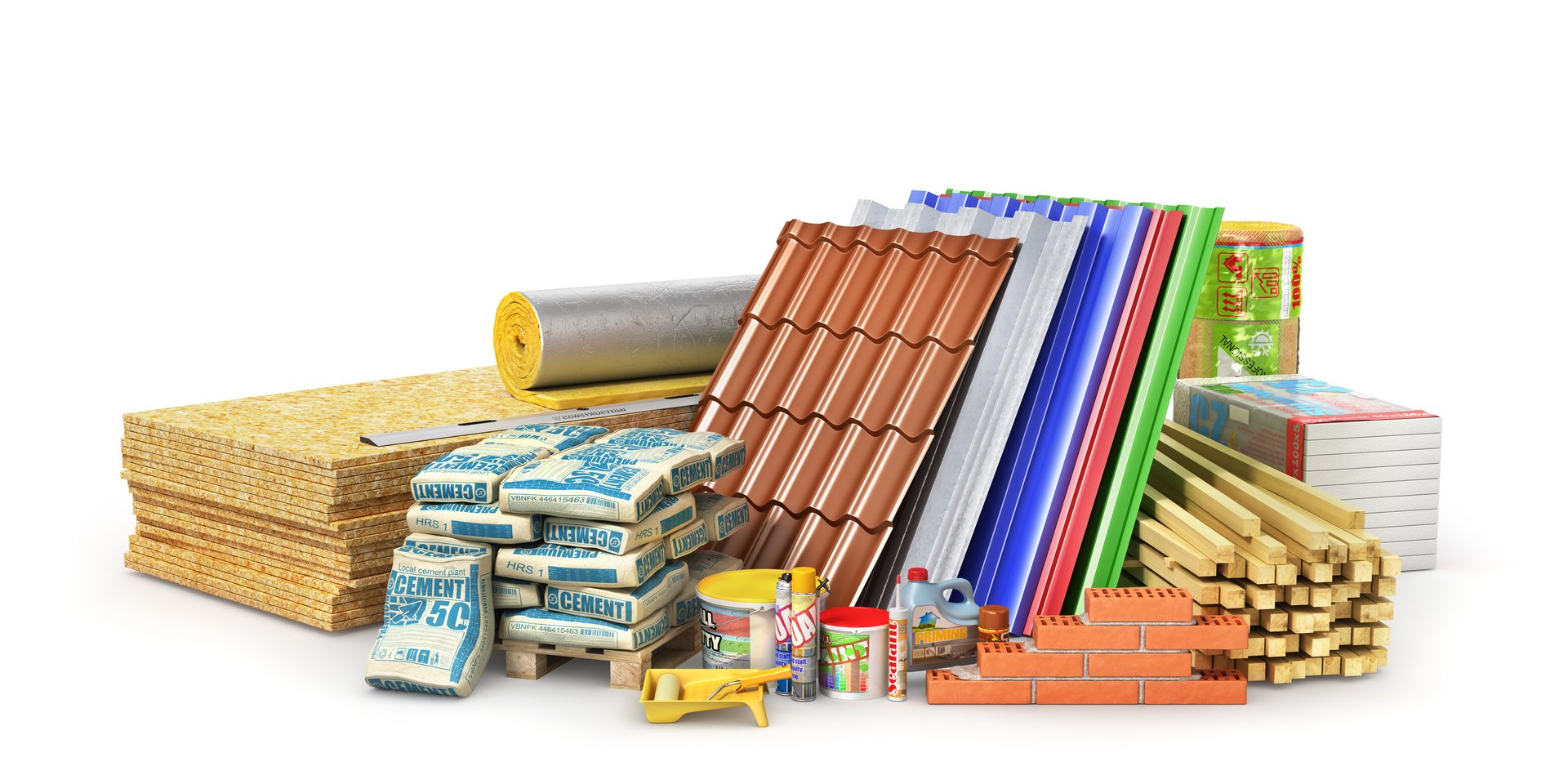 Set of construction materials and tools isolated on a white background. 3d illustration
