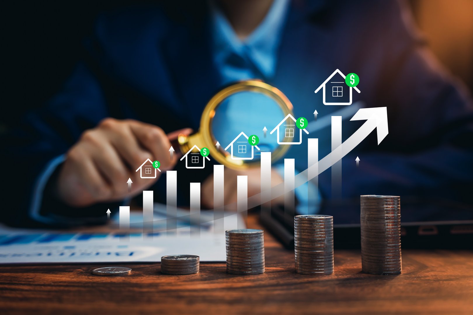 Hand with magnifying glass and rising real estate graph, property investment growth, housing market trend insight, financial analysis planning, long-term asset strategy, investment concept