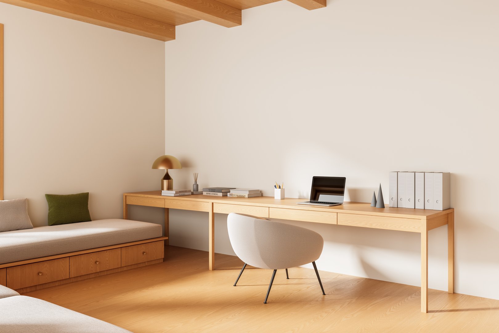 Minimalist home office interior with wood desk, cozy seating, and modern decor on beige background. Concept of comfort and productivity. 3D Rendering