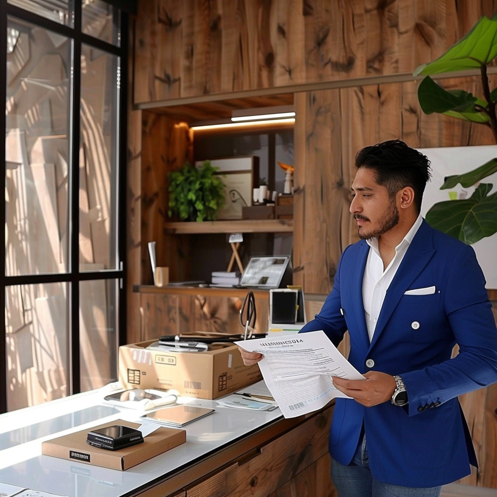 Man in a blue jacket reviews a manual in a modern office with wooden decor and a large window.