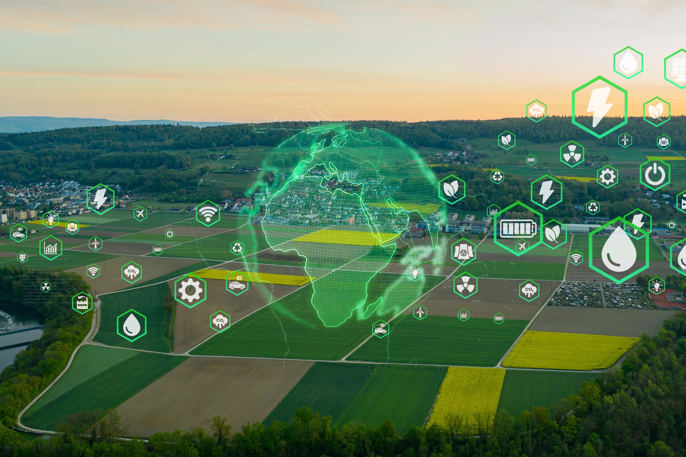 Icons of ecology on the background of deciduous leafy forest or blue ocean. Concept of environmental protection, renewable energy sources, bio-energy, green tech. SDGs. ESG. Development. Sustainable resources 4k footage.