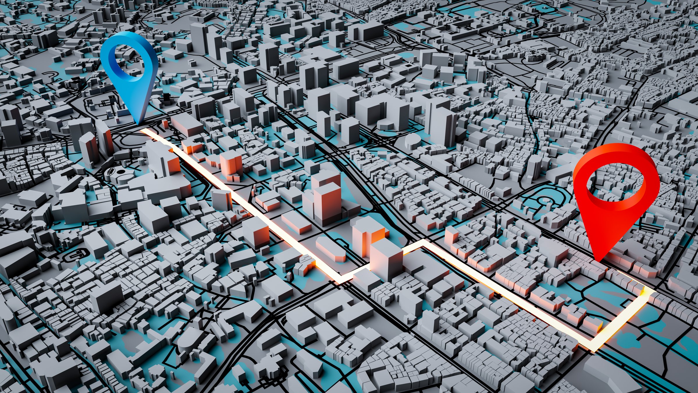 Background of the navigation concept of finding the optimal route in the city, 3d rendering