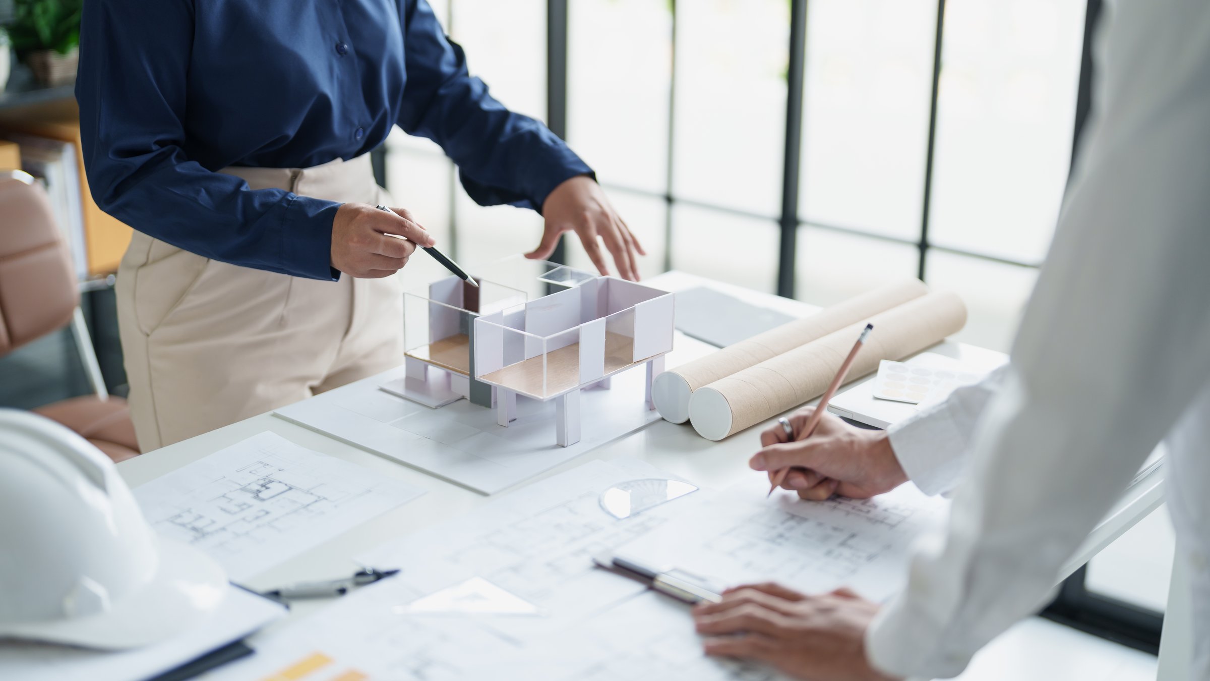 Architecture drawing on architectural Creative project business architecture building construction Industrial engineering Achievement Planning Design on blueprint eco