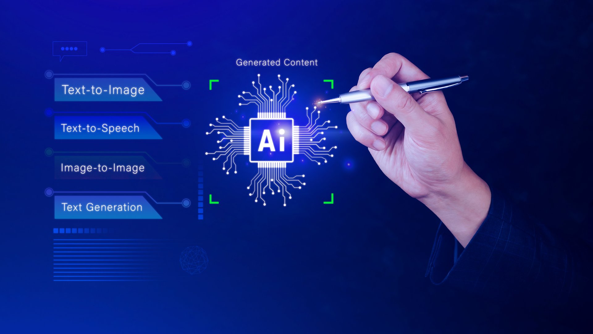 Ai tech, using virtual graphic Global Internet connect A.I. Chat with AI, Artificial Intelligence to generate content, Text to image, speech, smart AI, using command prompt for generates something, Futuristic technology transformation.