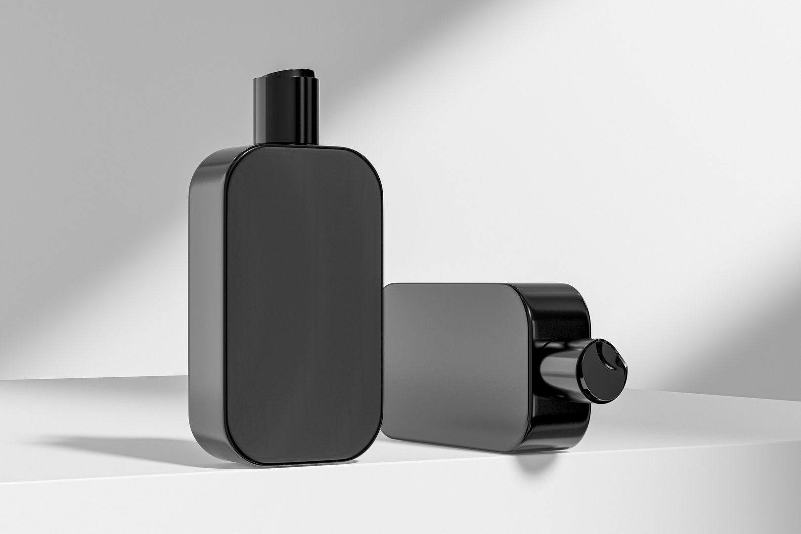 black cosmetic plastic bottle with disk top flip cap mockup, flat disk cap square shampoo packaging, rectangular shape squeeze bottle, cubic shape bottle, flat modern skincare container