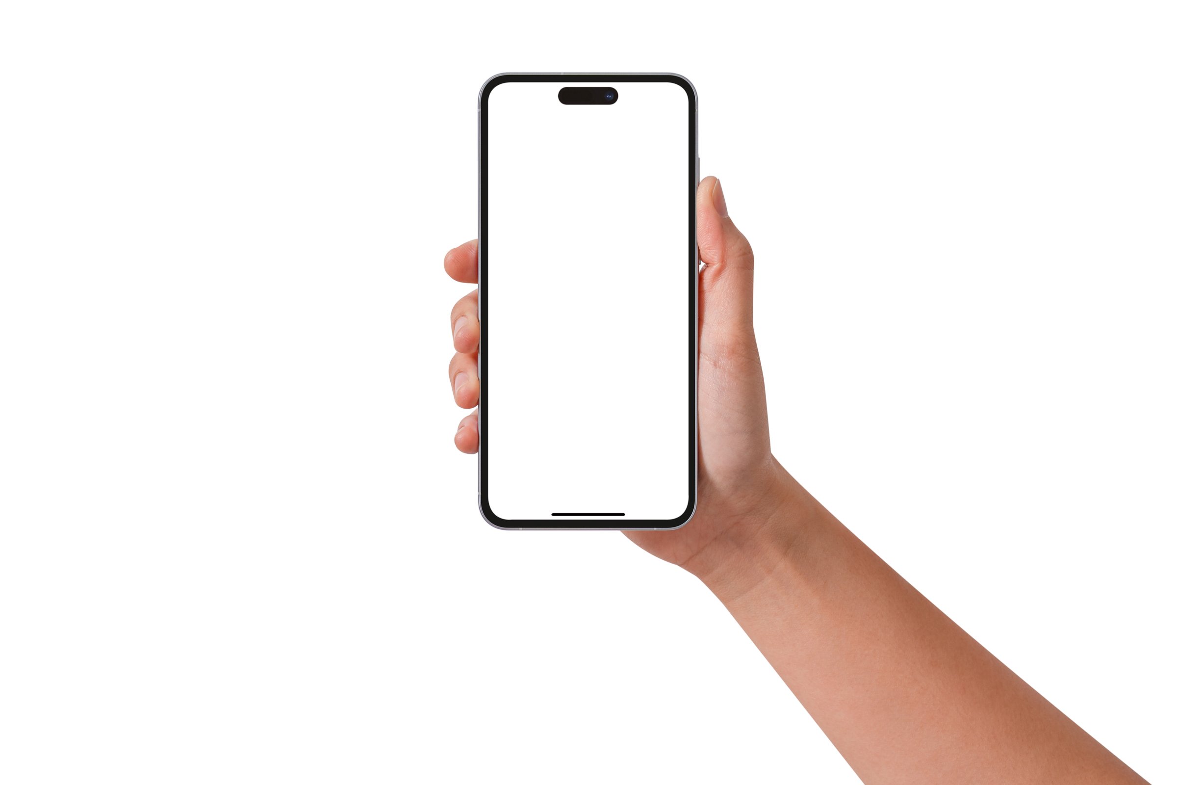 Hand holding smartphone with blank screen isolated on white background. High quality studio shot. Concept for technology, business, finance and advertising.