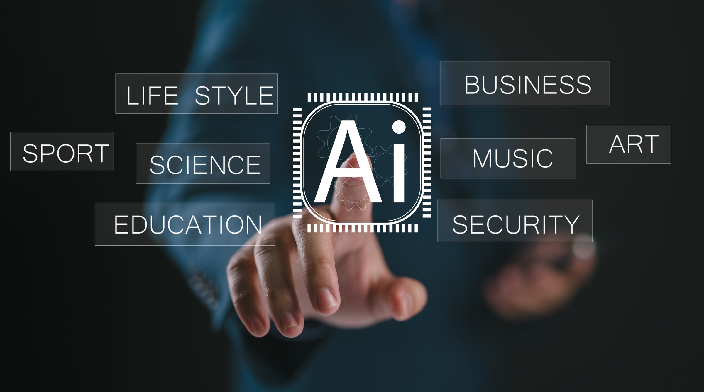 AI Artificial Intelligence. A person interacting with a holographic interface showcasing AI's influence across different sectors such as business, education, sport, science, security, and lifestyle.