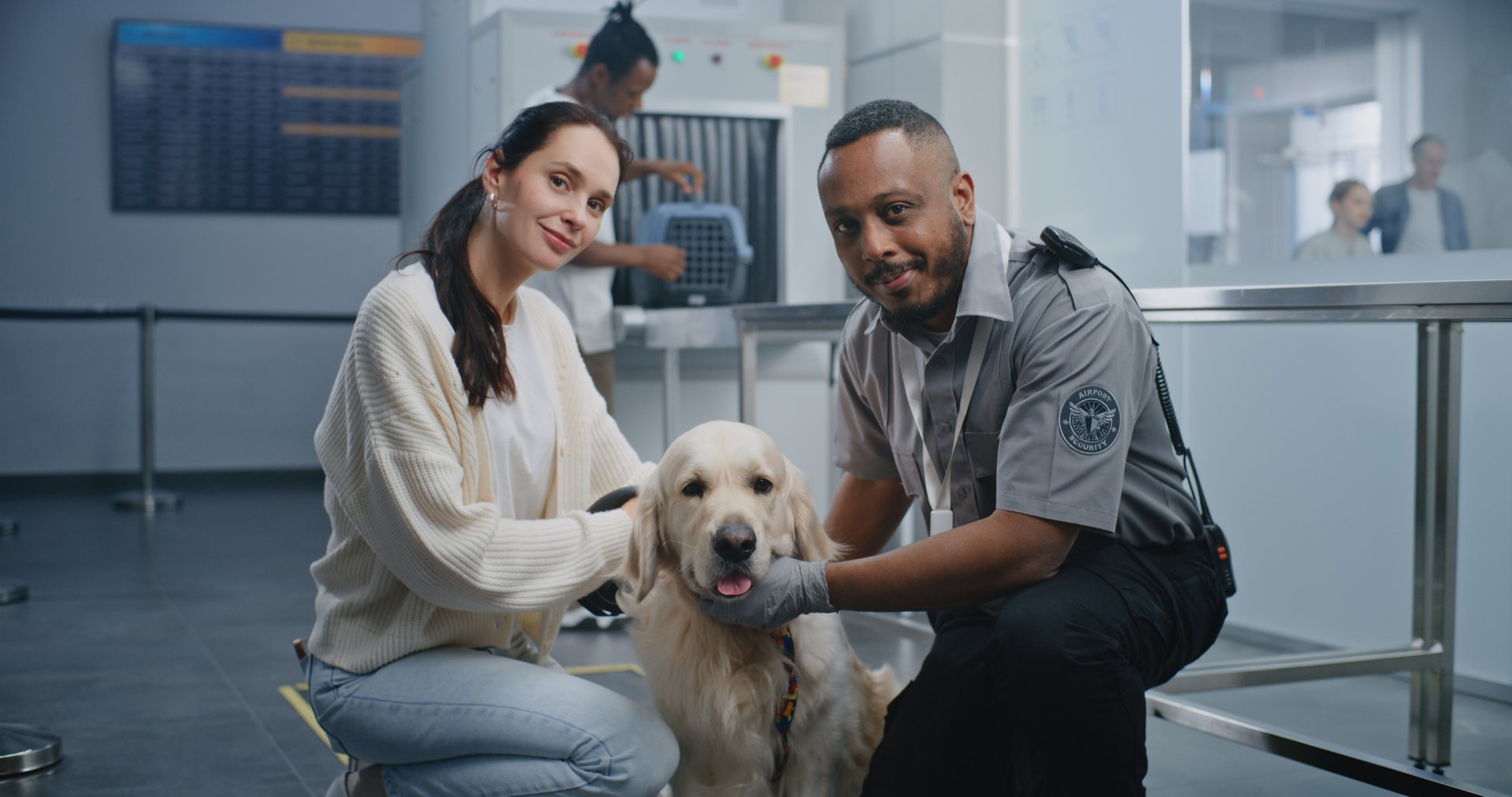 Airport Terminal: Portrait of Woman and African American TSA Officer Sitting Together with Golden Retriever Dog, Smiling and Looking at Camera. Passengers and Pets Screening at Security Checkpoint.
