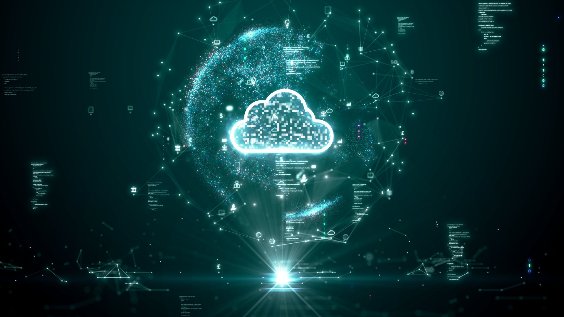 Cloud or edge computing technology concept that supports the storage of large databases from around the world. Data security system. polygons white cloud icon on dark green background.