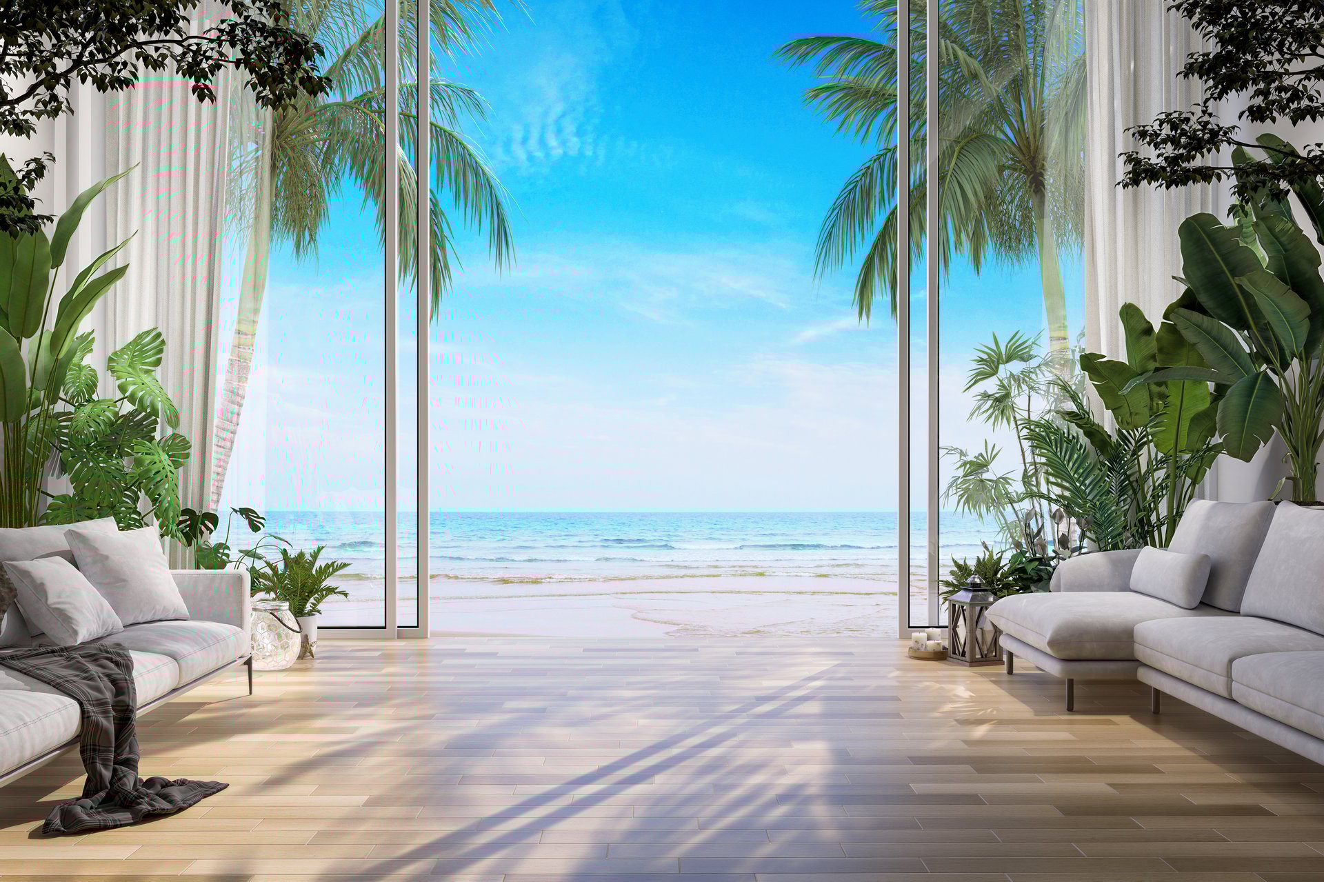 Modern style comfortable white living room with open the door to see the sea view 3d render. there has a wooden floor decorated with tropical plants.