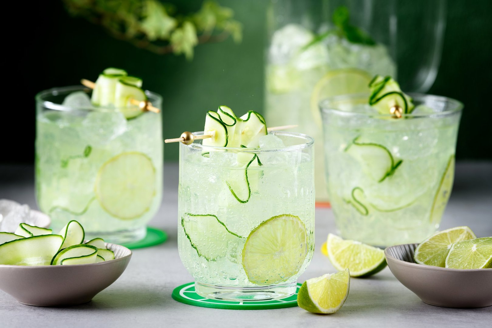 Cucumber margarita with lime and fresh mint, refreshing cocktail