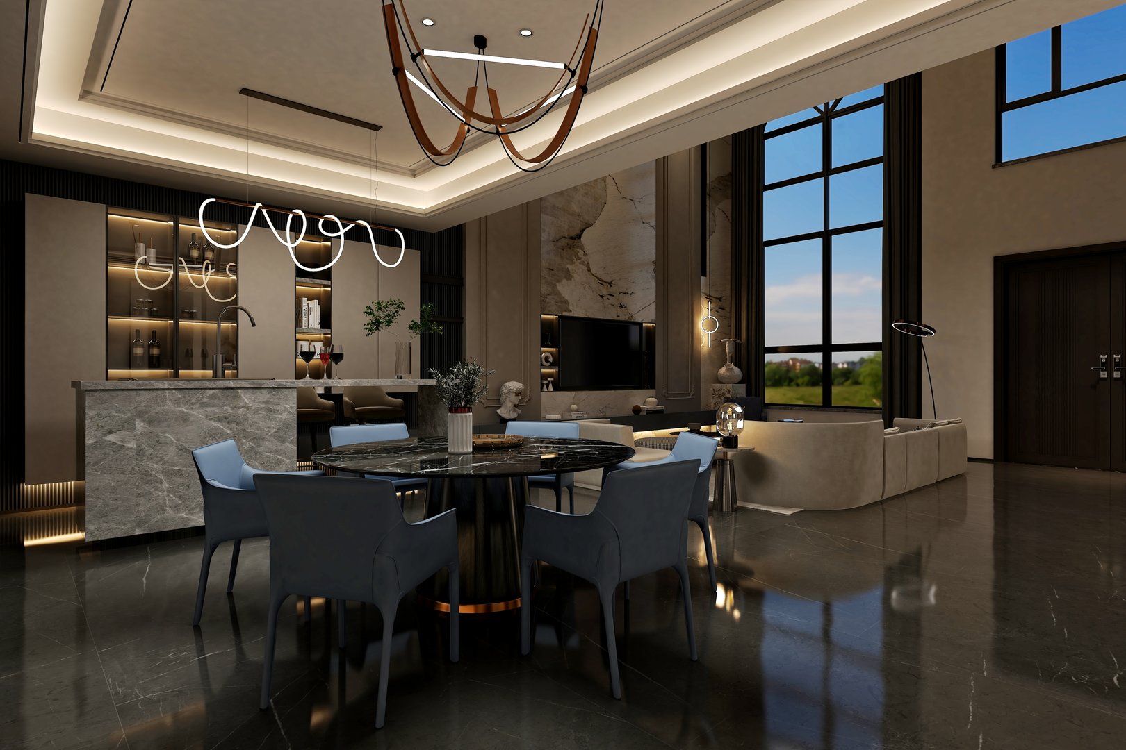 3d render of living room and dining space