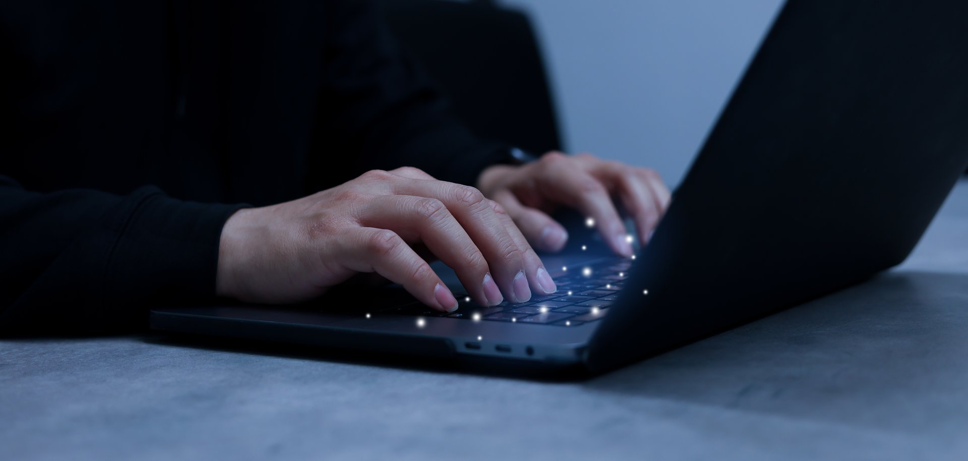 engineer man hand type keyboard input configuration data ode for register system structure or unlock password on laptop in dark operation office room for cyber security and safety technology concept