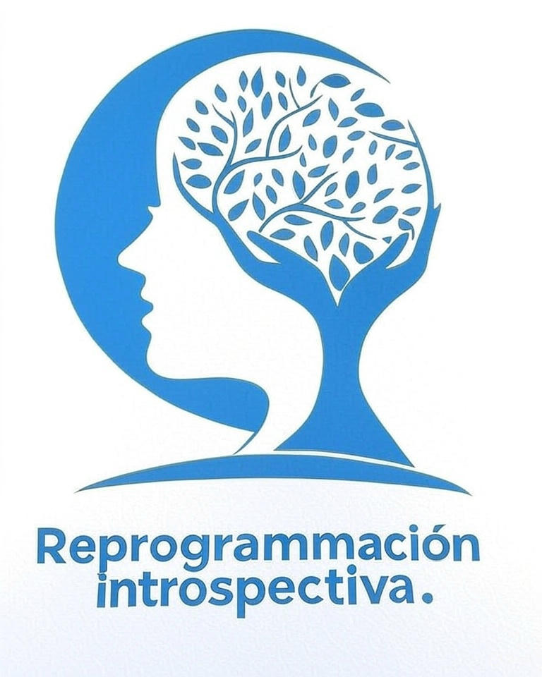 Profile silhouette of a head with a tree inside, symbolizing introspection, above the text Reprogramación introspectiva.