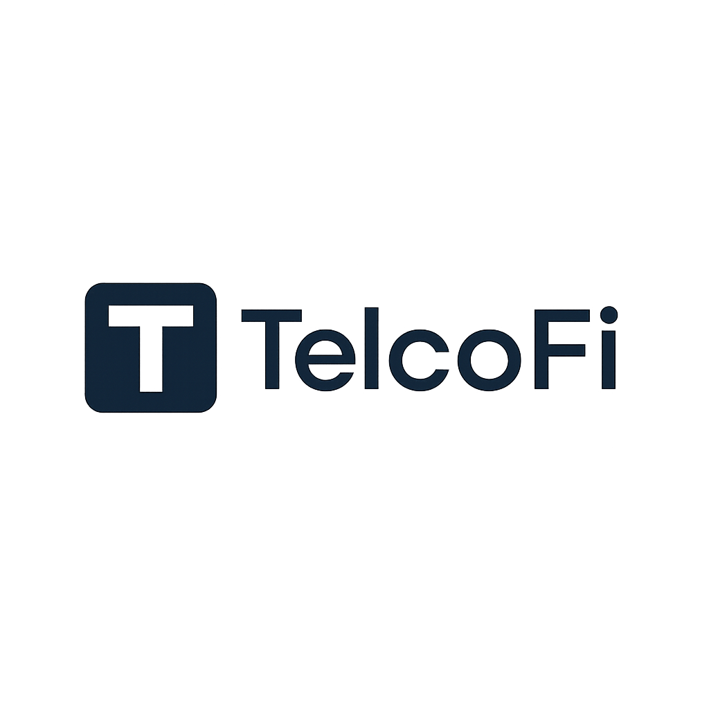 Logo of TelcoFi with a blue T inside a square followed by the word TelcoFi on a blurred background.