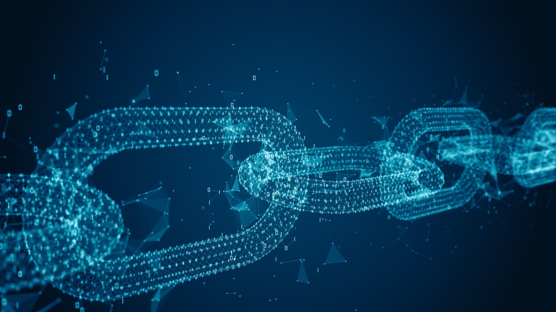 Abstract blockchain links with digital nodes, symbolizing secure data connections, cryptography, and decentralized networks in a high-tech, futuristic environment. 3D Rendering