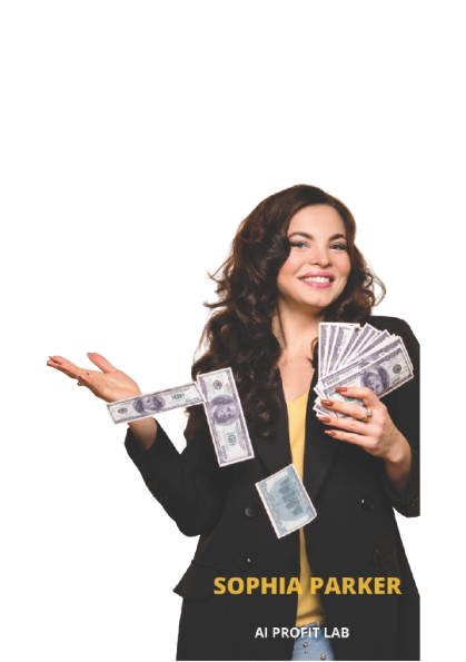 Woman smiling, holding a fan of cash and tossing money into the air, text reads Sophia Parker AI Profit Lab.