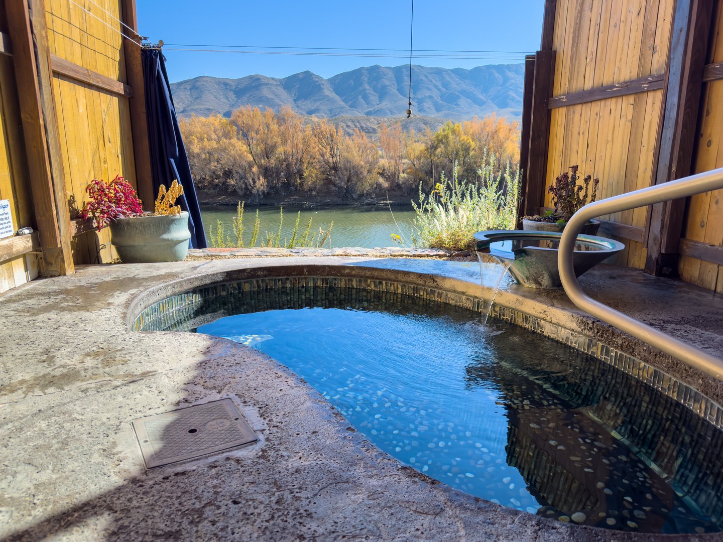 Truth or Consequences New Mexico -  December 8 2024: The Rio Grande River Seen from a Hot Spring Pool in Truth or Consequences New Mexico