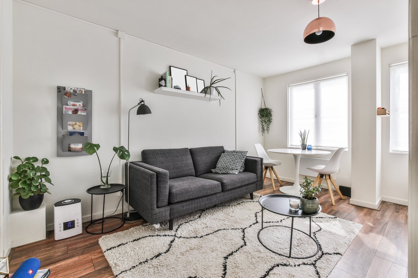 The interior design and decoration of a modern living room with a dining table