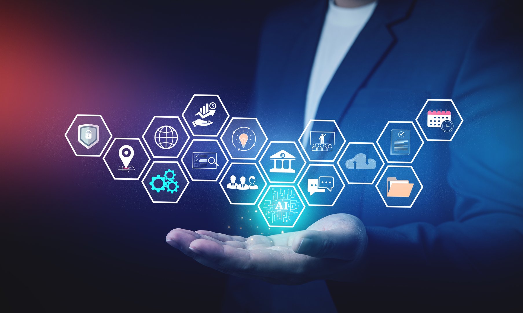 Businessmen show icon concept of using artificial intelligence technology AI to analyze marketing, business management insights, money management, online networking, KPI reporting and chatbots.